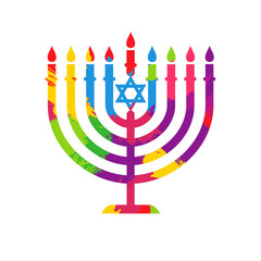 Drawn style hanukkah menorah. Happy Hanukkah Jewish festival of lights,  menorah candle icon with colored ink blots texture. Vector illustration