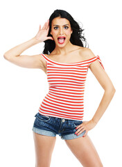 Fototapeta premium Surprise, fashion and portrait of woman with cosmetics on isolated, png and transparent background. Shock, shouting and confident person in trendy clothes, casual outfit and style with good news