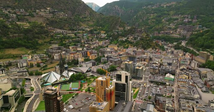 Aerial view Andorra la Vella, Andorra la Vieja, the capital of Andorra, in the Pyrenees mountains between France and Spain