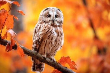 Beautiful owl sitting on a branch in the autumn forest. Owl in nature. Owl in the autumn forest, Autumn in nature with an owl, Ural Owl, Strix uralensis, sitting on a tree, AI Generated