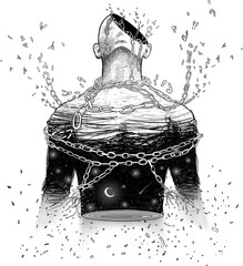 Black and white hand drawn digital drawing. Man tied in chains illustration.