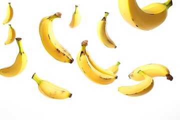 Bananas taking flight and floating isolated on a crisp white background, showcasing their dynamic movement and creating a whimsical and playful scene.