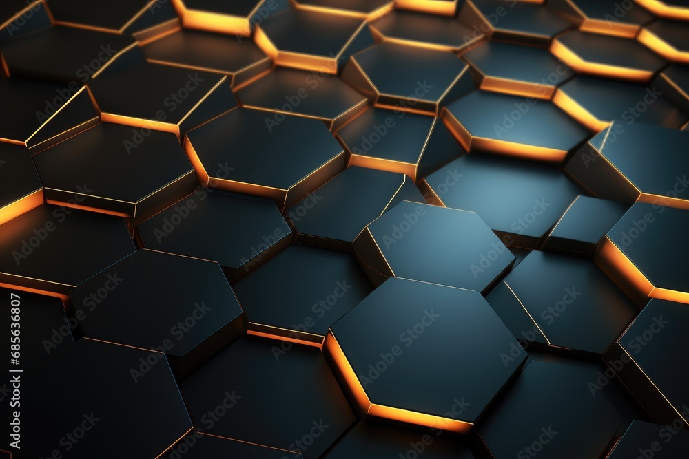 Poster abstract 3d rendering of hexagon background. dark and golden glowing hexagons, abstract hexagonal ge