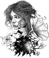 Scratchy themed hand drawn digital illustration. Woman illustration whose heart sounds on a gramophone. - 685636803