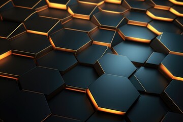 Abstract 3d rendering of hexagon background. Dark and golden glowing hexagons, Abstract hexagonal geometric ultra-wide background, Structure of lots of hexagons of carbon fiber, AI Generated