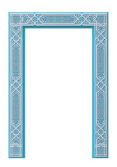 3D illustration. Framing the door frame is an arch in Arabic ornament. Arabesque. Moorish architecture
