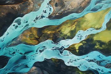 Abstract background of acrylic paint in blue and yellow colors. Liquid marble texture, Aerial view from above on a green and blue glacier river stream in South Iceland, AI Generated - obrazy, fototapety, plakaty