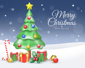 Merry Christmas Background With 3D Rendering Christmas Tree With Christmas Elements