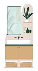 Bathroom interior design flat vector illustration. Bathroom cabinet with sink, mirror, bathroom furniture, accessories and plants. Japandi or Scandinavian interior style isolated on white