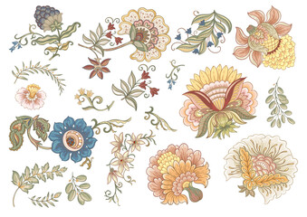 Fantasy flowers in retro, vintage, jacobean embroidery style. Millefleurs trendy floral design. Clip art, set of elements for design Vector illustration.