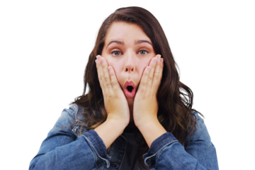 Woman, portrait and funny face or comedy, silly and isolated on transparent png background. Female person, emoji and comic or humor, joke and weird personality or shock, goofy and surprised or omg