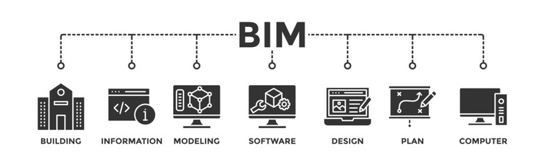BIM banner web icon vector illustration concept for building information modeling with icon of building, information, modeling, software, design, plan, and computer - obrazy, fototapety, plakaty