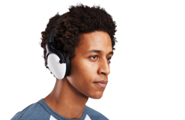 Man, face and thinking with headphones of audio, music subscription or streaming podcast isolated on transparent png background. Serious african model, listening or hearing multimedia, sound or radio