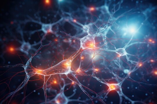 Neuron cell, 3D illustration, computer generated, abstract background, Artificial intelligence, connections, and nucleus in the concept of interconnected neurons, AI Generated