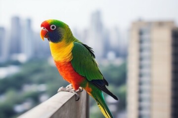 Parrot bird city view wall scenery. Island travel tropical colorful pet. Generate Ai