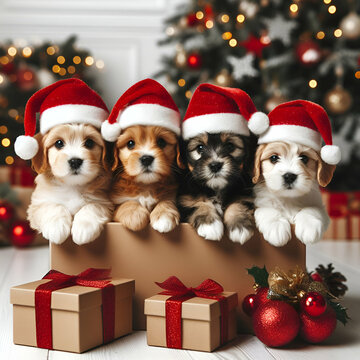 Cute puppies in santa hat and festive background