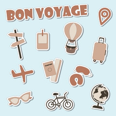 Set of tourist stickers. The inscription bon voyage location icon, suitcase, road sign, photo card, passport, airplane, balloon with basket, bicycle, globe, pillow and sleep mask, sunglasses.