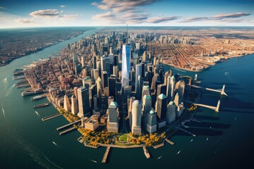 Shanghai Lujiazui Finance and Trade Zone of the world, Aerial view of lower Manhattan, New York City, AI Generated - obrazy, fototapety, plakaty