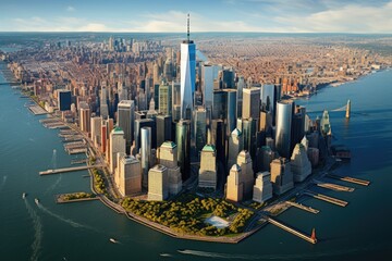 Aerial view of Chicago skyline with skyscrapers and lake Michigan, Aerial view of lower Manhattan, New York City, AI Generated