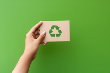 hand holding paper card with Reduce Reuse Recycle symbol on green background. Generated AI