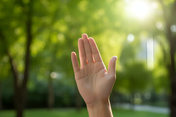 Hand of woman and green bokeh background with sunlight. Generated AI