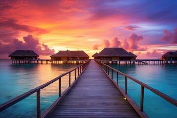 Obraz premium Wooden jetty at sunset in tropical Maldives island with water bungalows, An amazing sunset landscape, Picturesque summer sunset in the Maldives, Luxury resort villas seascape, AI Generated