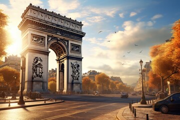 Arc de Triomphe in Paris at sunset, France. 3d rendering, Arc de Triomphe in Paris in the afternoon, AI Generated - obrazy, fototapety, plakaty