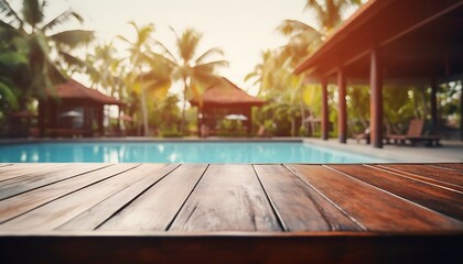 Empty wooden table in front of blurred pool resort, ai art - obrazy, fototapety, plakaty
