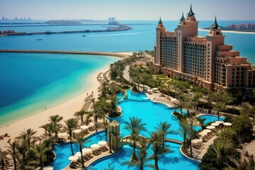 Luxury hotel with swimming pool in Dubai, United Arab Emirates, Atlantis Hotel in Dubai, UAE, view with the beach and sea, AI Generated - obrazy, fototapety, plakaty