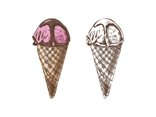 Hand-drawn colored and monochrome sketch set of waffle cones with ice cream with chocolate sauce on top. Vintage illustration. Element for labels, packaging and postcards.