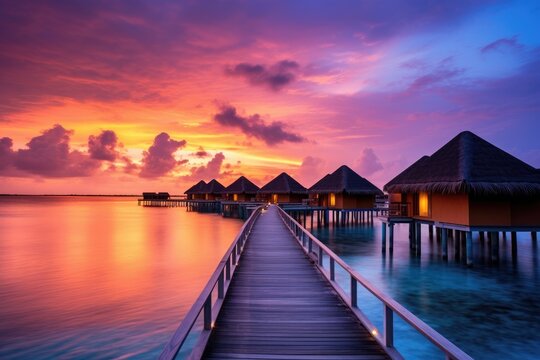 Beautiful sunset at Maldives island with water bungalows and beach, An amazing sunset landscape, Picturesque summer sunset in the Maldives, Luxury resort villas seascape with, AI Generated © Ifti Digital