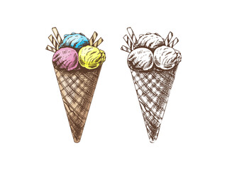 Hand-drawn colored and monochrome sketch of a waffle cup with frozen yogurt or soft ice cream with waffle tubes. Vintage illustration. Element for the design of labels, packaging and postcards.