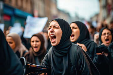 Islamic women with hijab protesting for their rights at a demonstration - obrazy, fototapety, plakaty