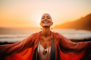 Survivor woman celebrating life on the beach at sunrise