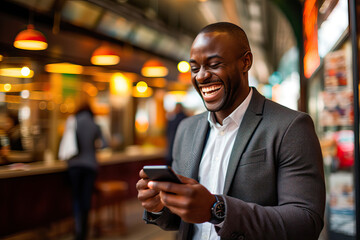 Smiling black man using cell phone on the street