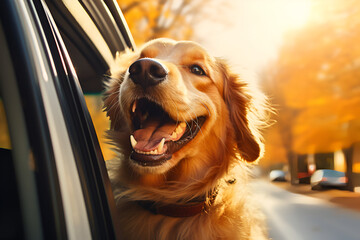 dog leaning out of the window of a car in the back seat, head out of the car enjoying the air and the nature and rural landscape. Generated AI