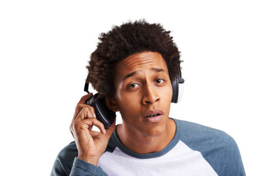 Portrait, music and man take off headphones, listen and hearing what person asked or question isolated on transparent png background. Audio, radio and serious African person streaming sound or song