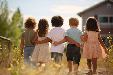 Children run on park walkway, rear view generated AI