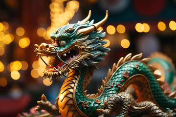 A figurine of a Chinese wooden dragon of green color on a background of Christmas lights, new year 2024 symbol, generated ai