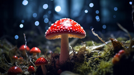 Amanita muscaria or “fly agaric“ is a red and white spotted poisonous - obrazy, fototapety, plakaty