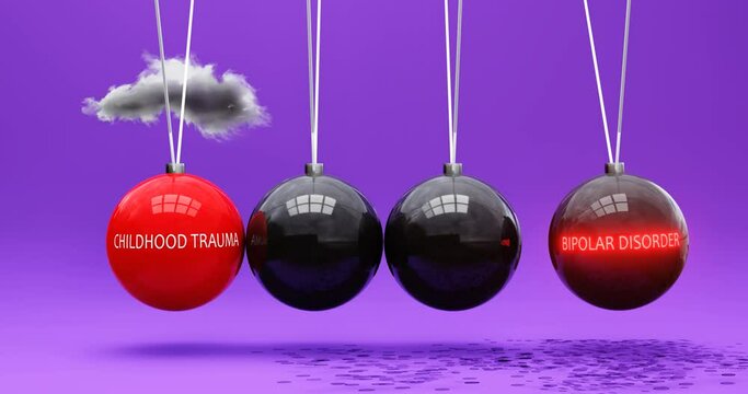 Childhood trauma leads to bipolar disorder. A Newton cradle metaphor in which childhood trauma sets bipolar disorder in motion. Vicious cycle. Cause and effect relation between childhood trauma and bi