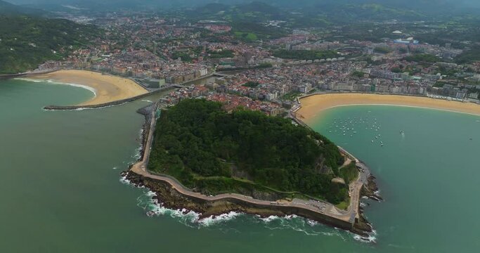 Aerial view of Zurriola beach and Urgull nountain in San Sebastian, Basque Country, Spain