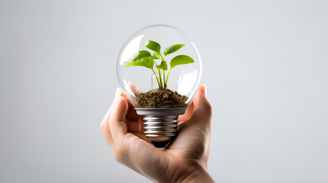 Hand holds green plant in light bulb, can be used for green concept generated AI