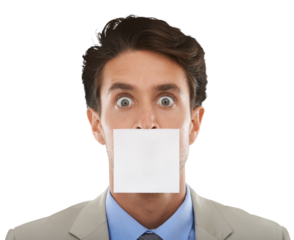 Man, sticky note and mouth shock for corporate secret information, silence or employee gagging. Male person, business and isolated on transparent png background for overworked, mockup for censorship