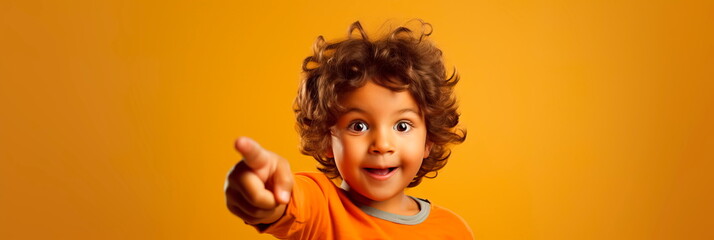 charismatic child pointing with finger posing on color background . Generative AI