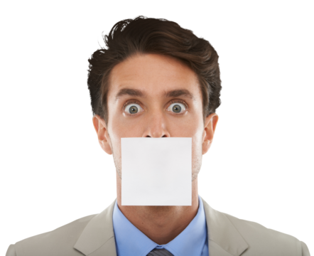 Man, sticky note and mouth shock for corporate secret information, silence or employee gagging. Male person, business and isolated on transparent png background for overworked, mockup for censorship - Powered by Adobe