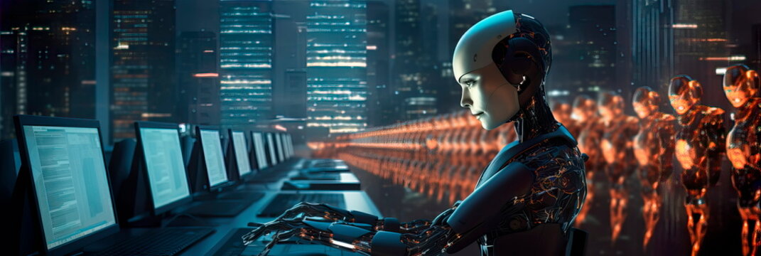 AI-powered business concept with robots and AI algorithms streamlining operations and customer service. Generative AI