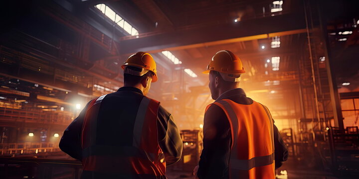 Industrial workers in safety vests and hard hats collaborating on a project. Generative Ai