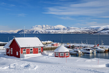 Norway, Troms og Finnmark, Lysnes, Snow-covered marina on Senja island
