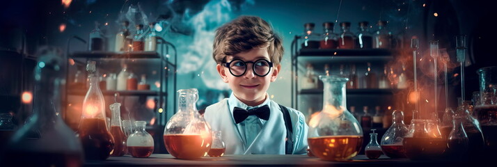 little scientist experimenting with chemical reactions in his laboratory. Generative AI - obrazy, fototapety, plakaty